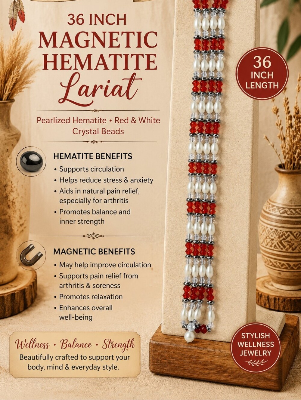 36" Magnetic Hematite Lariat Necklace — Red & White Crystal Beads